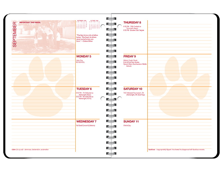 Weekly spread of a datebook featuring horizontal layout with events by each day. Weekly photo, quote, and vocabulary word. Mascot watermark on each page.
