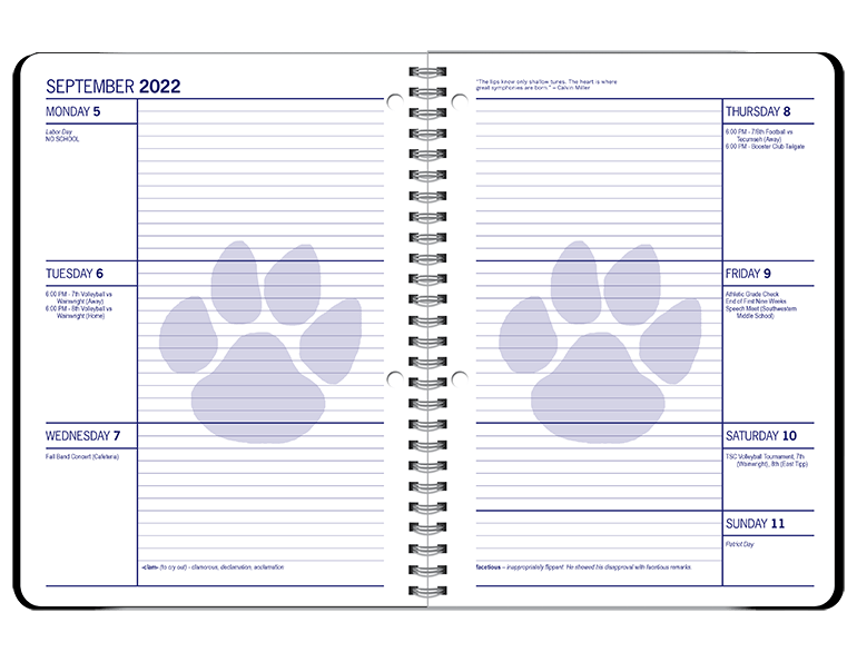 Weekly spread of a datebook featuring horizontal layout with events next to each day. Weekly quote and vocabulary word. Mascot watermark on each page.