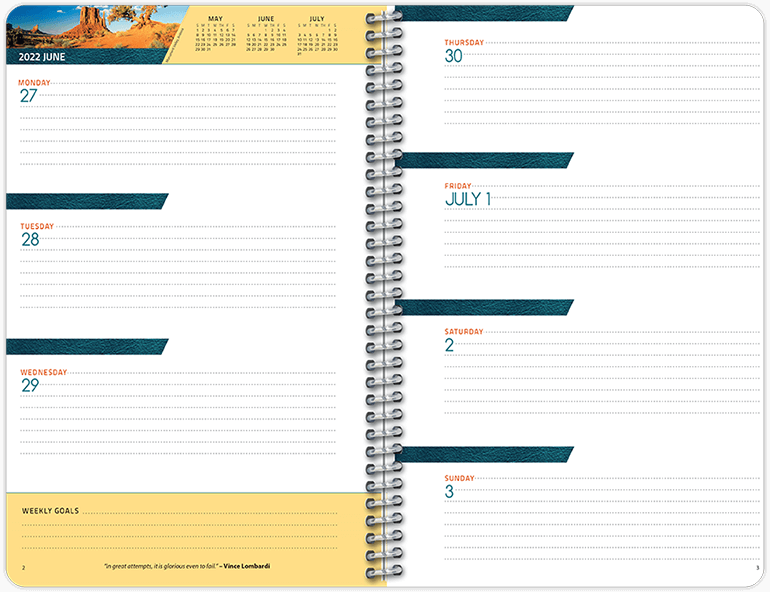 Weekly spread of a datebook featuring simple horizontal layout with weekly goals, notes, and inspirational quotes.