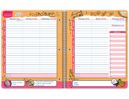 Inside of a datebook featuring days vertically and subjects horizontally for every day of the week. Spelling list for every week. Facts, rule of thumb, and book of the week on bottom.