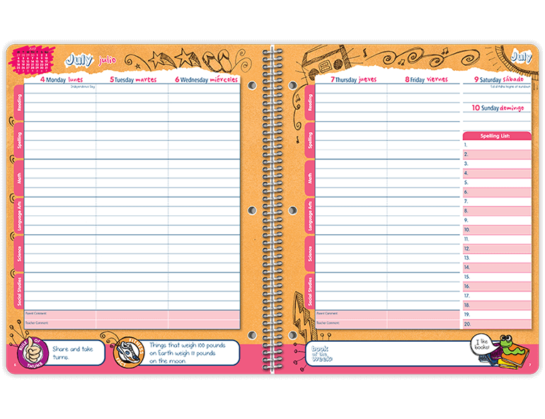 Inside of a datebook featuring days vertically and subjects horizontally for every day of the week. Spelling list for every week. Facts, rule of thumb, and book of the week on bottom.