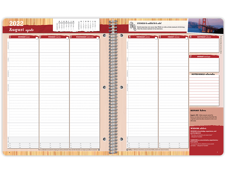 Weekly spread of a datebook featuring vertical layout with subjects horizontally. Billingual headings with weekly activities, history facts, notes, and wisdom. Daily hall pass and quotes every week.