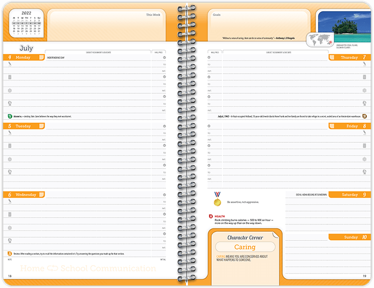 Weekly spread of a datebook featuring horizontal layout with subjects and hall passes for each day. Weekly character corner, goals, factoids and study tips.
