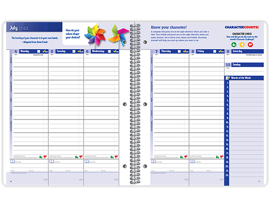Inside of a datebook featuring vertical days and subjects horizontally for every day. Character question and reflection weekly with character check daily. Spelling list for each week.