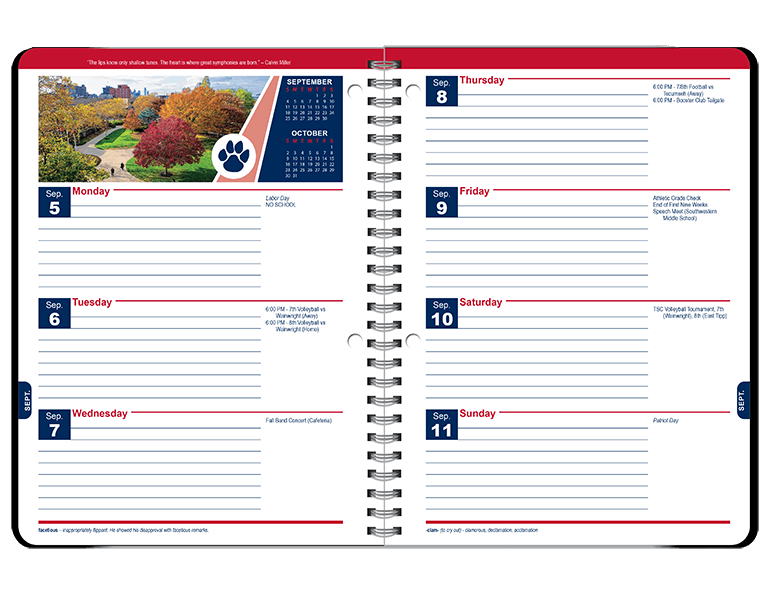 Weekly spread of a datebook featuring horizontal layout with school events next to each day. Weekly school photo, mascot, vocabulary word, and quote.