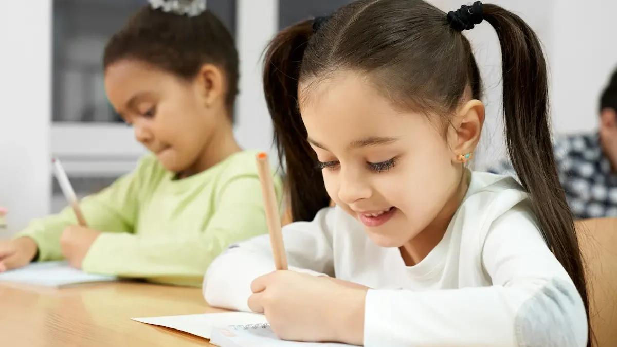 Young girls write in their planners for National Planner Day.