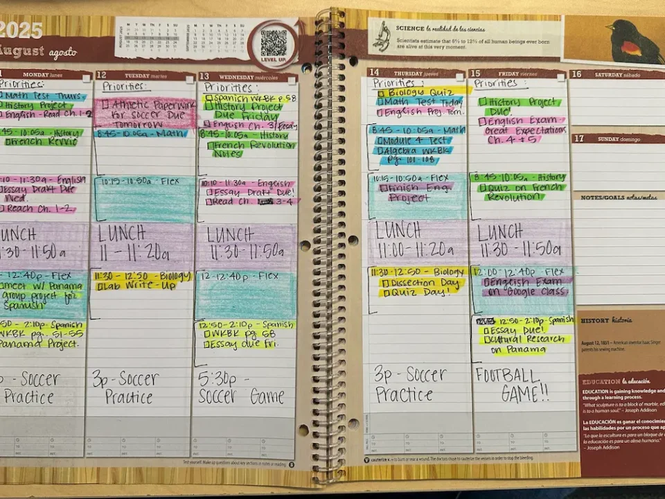 Weekly planner layout for online student.