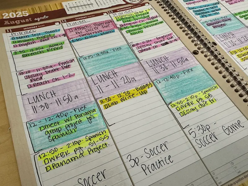Weekly planner layout for online student.