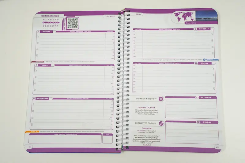 An open datebook with a QR code in the corner