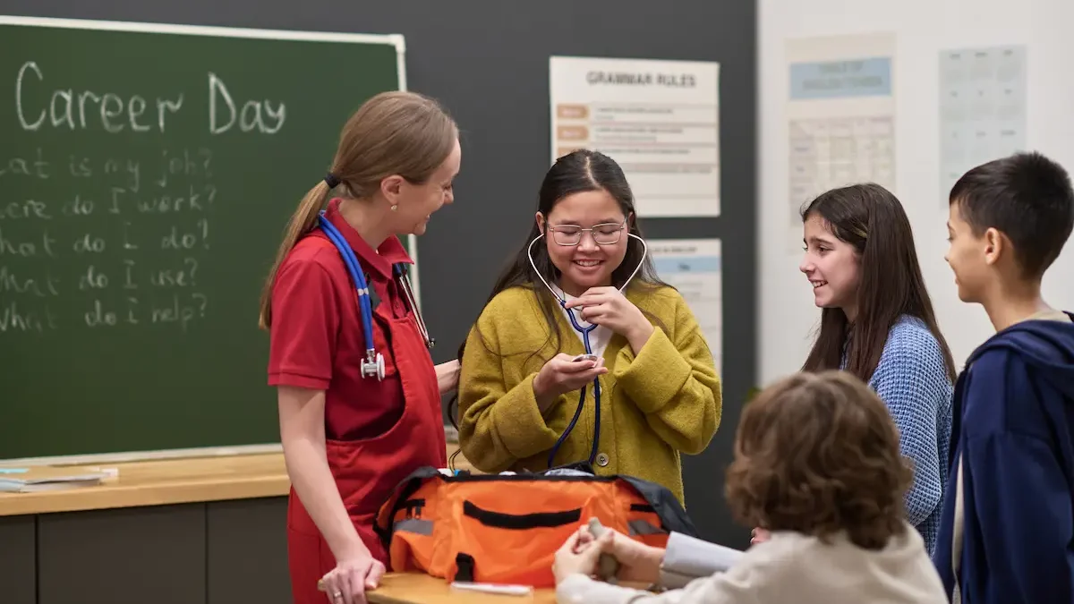 Woman demonstrates medical career to students at school